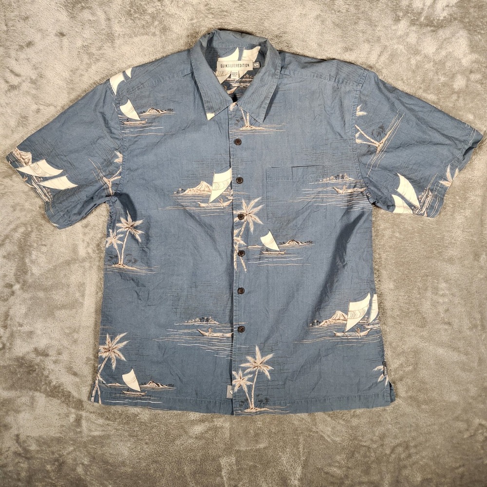 Quiksilver‎ Edition Button Down Shirt Mens Medium Blue Excellent Tropical Island